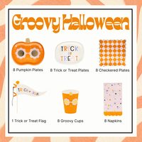 Collage showing complete groovy Halloween party kit: pumpkin plates, trick-or-treat word-bubble plates, orange checkered dinner plates, felt pennant flag, groovy cups and star-fringe napkins for eight guests.