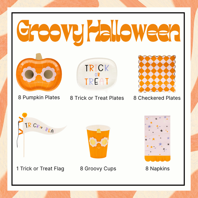 Collage showing complete groovy Halloween party kit: pumpkin plates, trick-or-treat word-bubble plates, orange checkered dinner plates, felt pennant flag, groovy cups and star-fringe napkins for eight guests.
