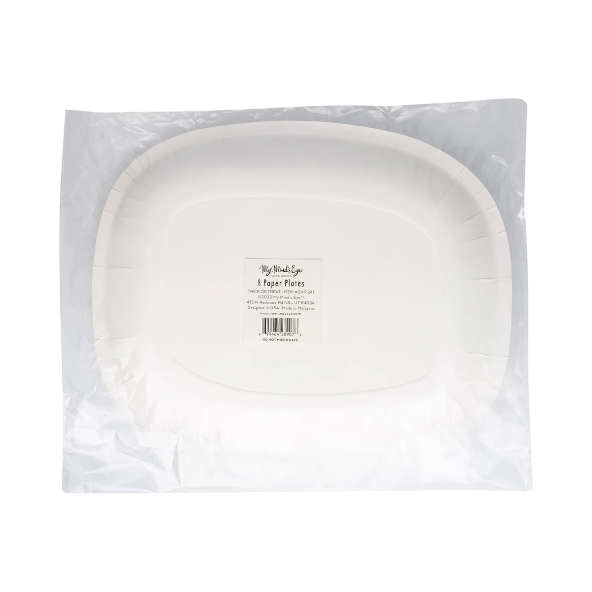 Back view of packaged plates illustrating curved bubble outline and generous serving area before printing—underscores plate size and shape.