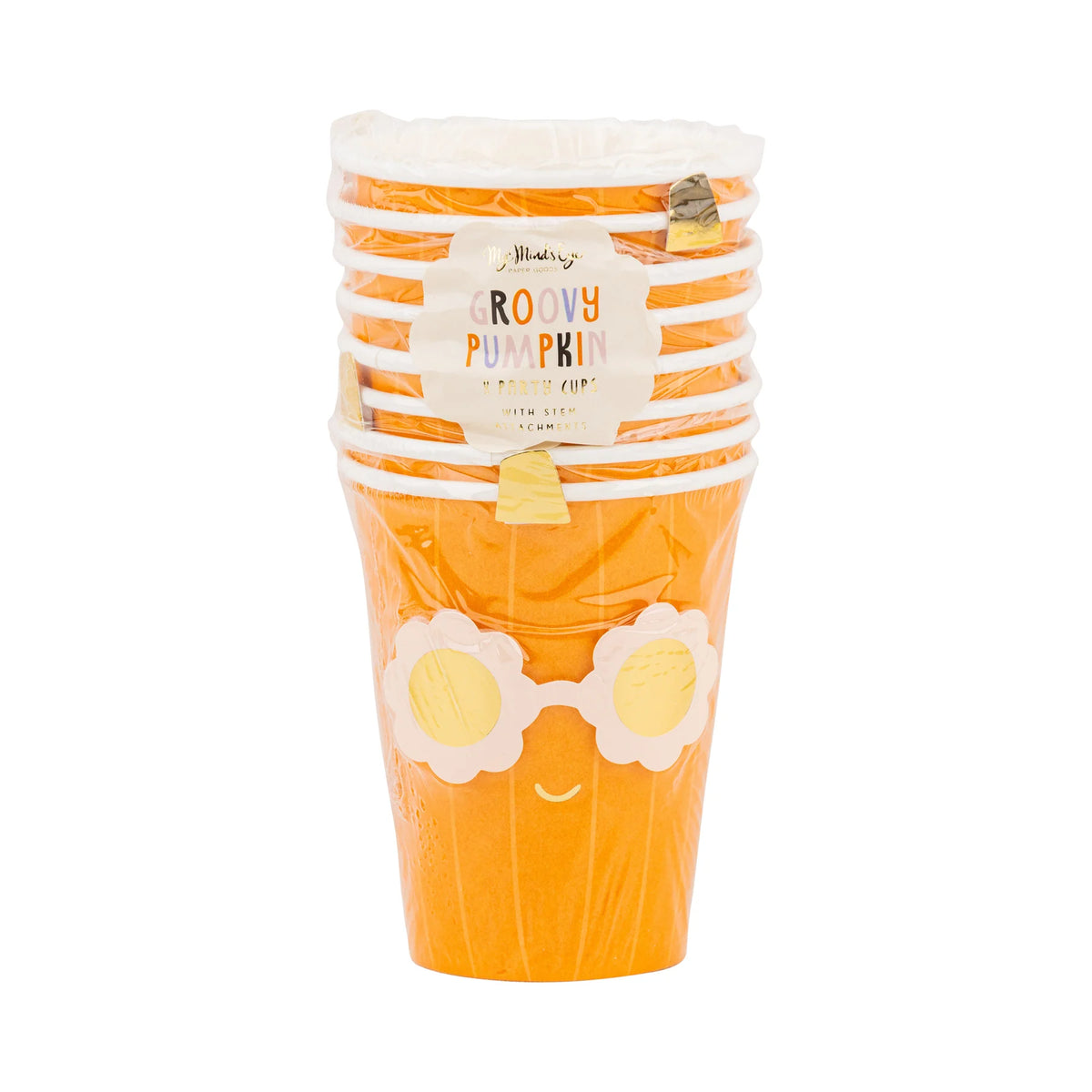 Front view of packaged set of eight Groovy Pumpkin 12-oz disposable Halloween cups featuring gold-foil pumpkin stem and retro sunglasses label.