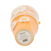 Stack of eight orange Groovy Pumpkin paper cups wrapped in plastic, showing smiling pumpkin face and barcode on bottom for retail display.
