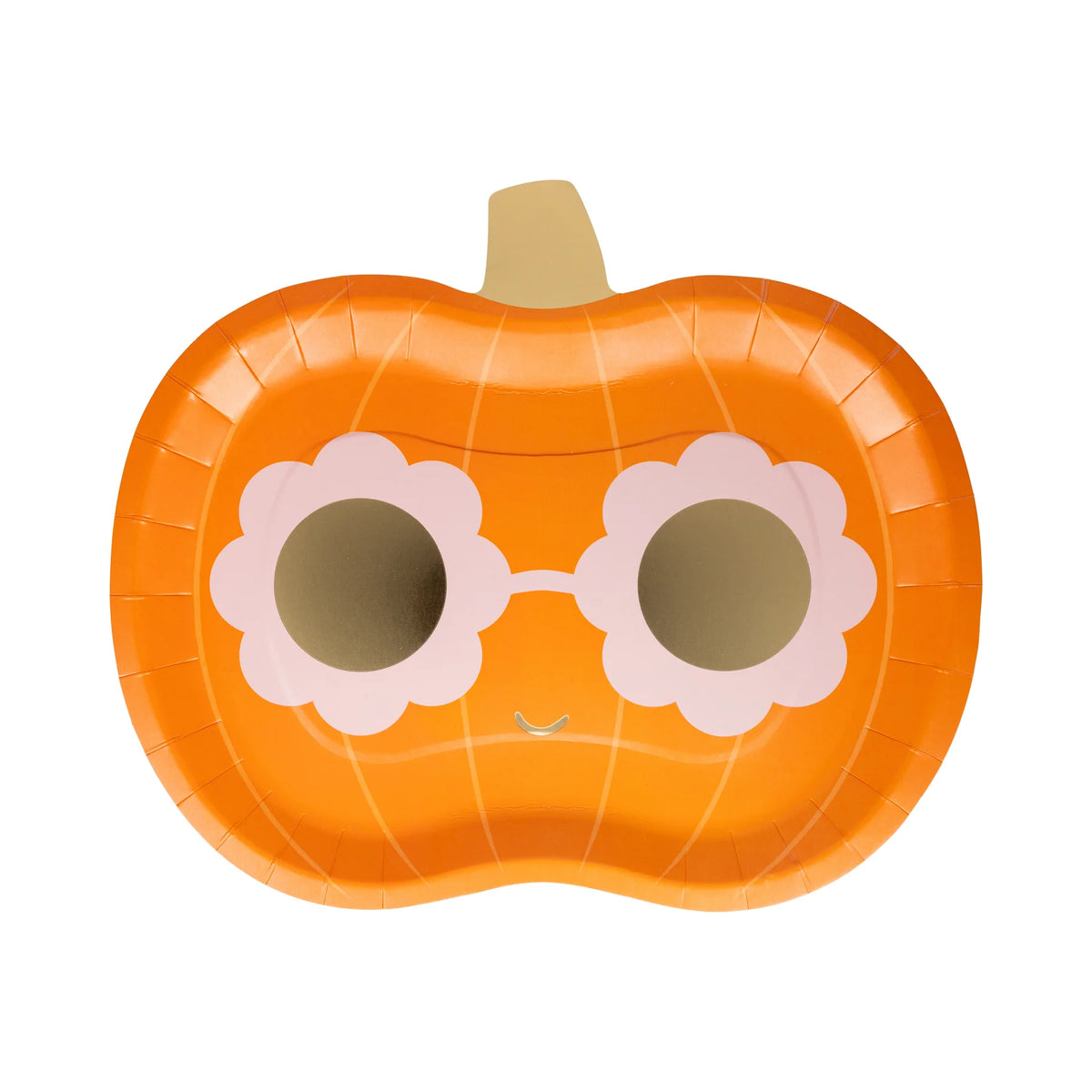 Pumpkin-shaped paper plate with flower sunglasses on a white background