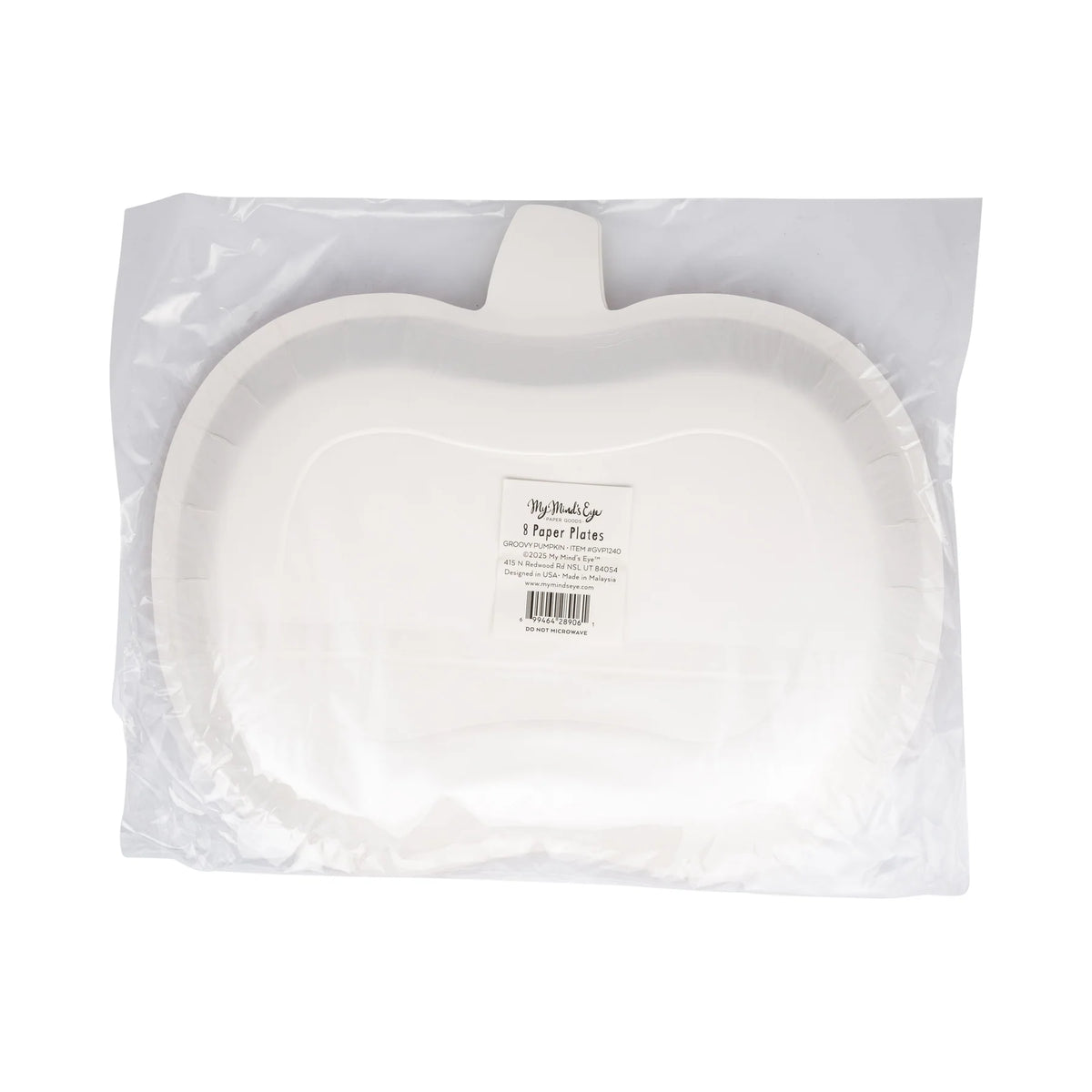Back of Groovy Pumpkin paper plate pack showing barcode on plain white pumpkin shape in clear plastic wrap.