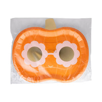 Front of packaged Groovy Pumpkin halloween paper plates with orange pumpkin face and gold-foil sunglasses visible through wrap.