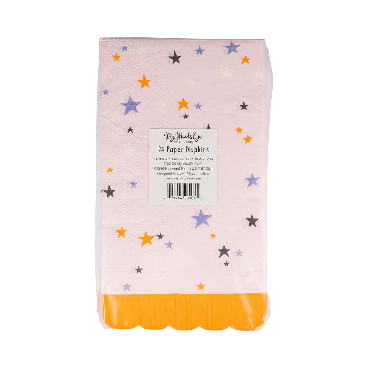 Back of Groovy Stars halloween napkins pack showing barcode and label over pastel pink paper dotted with multicolor stars and marigold fringe edge.
