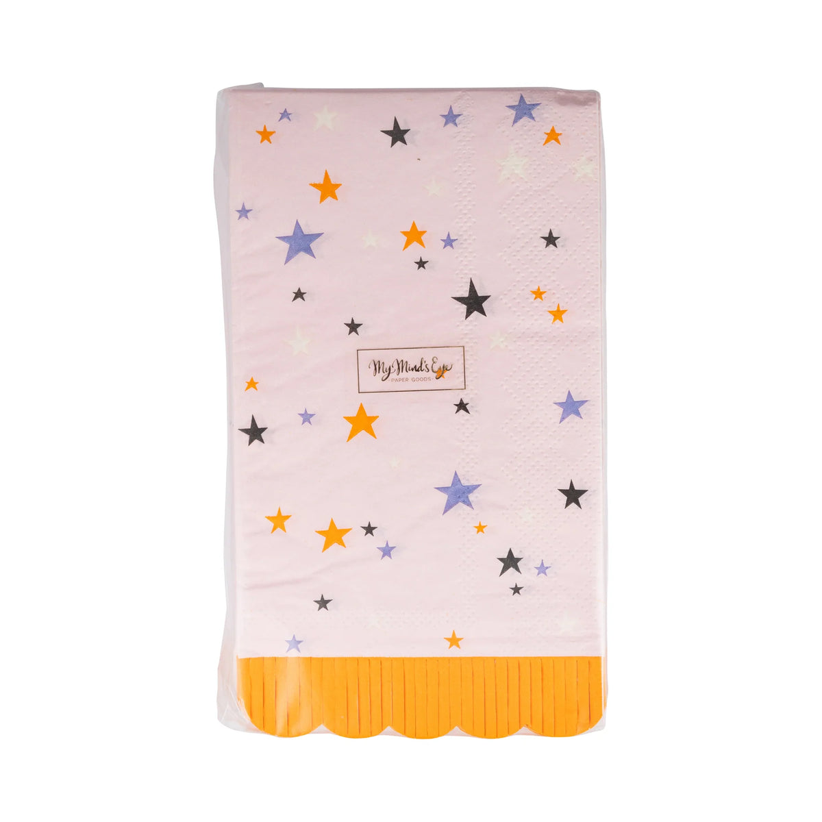 Front view of packaged Groovy Stars dinner napkins—pink with scattered stars and bold yellow fringe scallop—ready for Halloween party display.