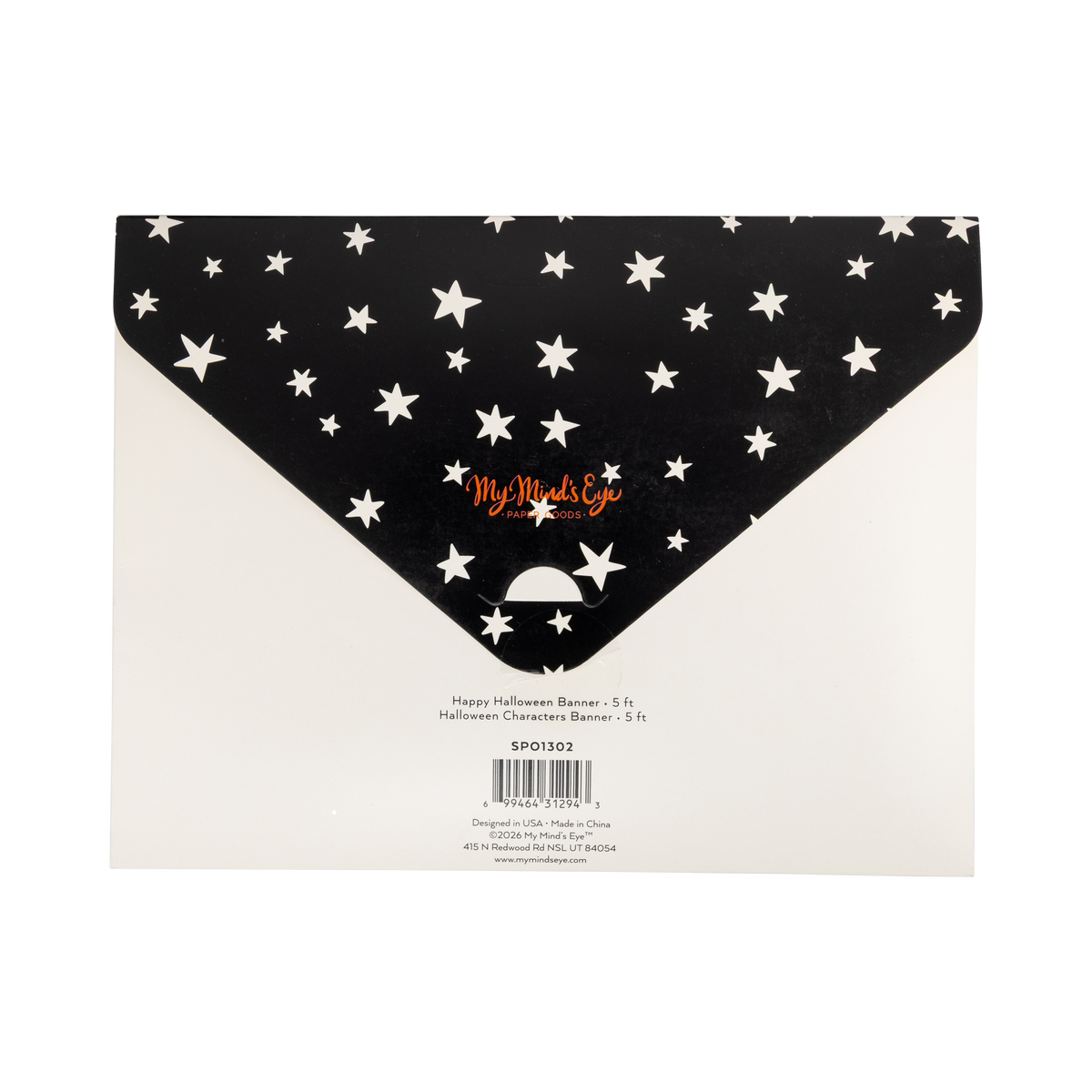 Back of the packaging — black background with white stars and product details.