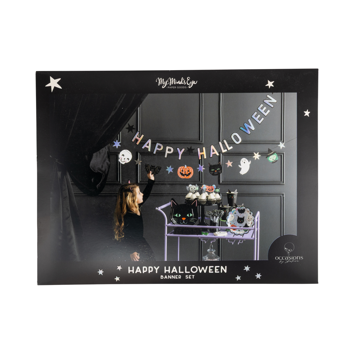 Front of the Halloween banner set packaging — black box with white stars, showing the banner and "Happy Halloween Character Banner Set" label.