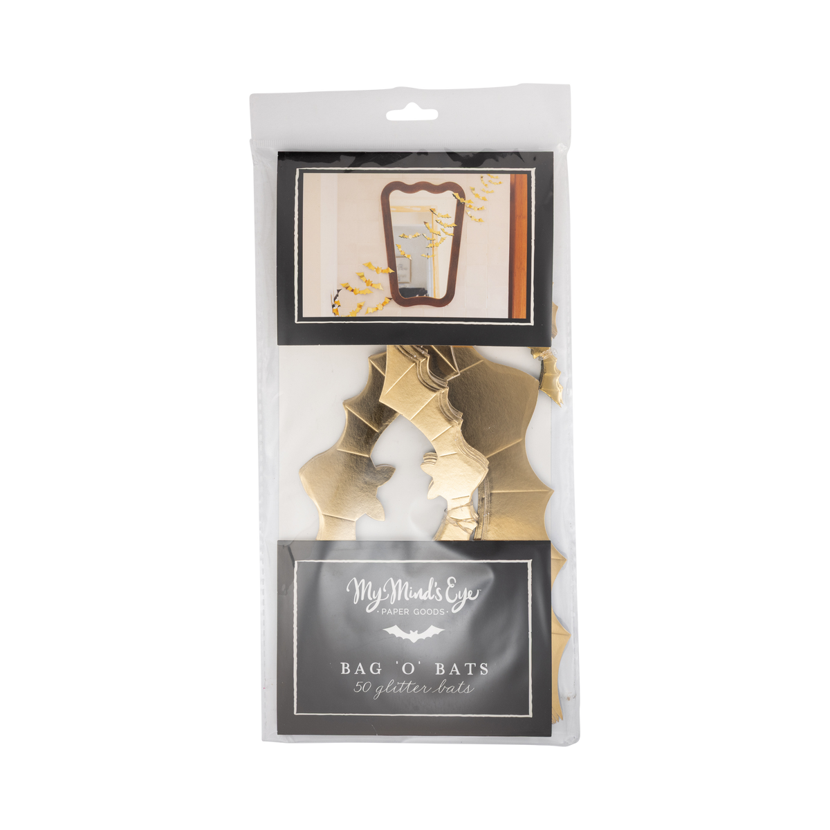 Set of 50 gold-foil 3D paper bats in five graduated sizes, front packaged.