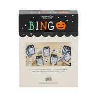 Back of the Halloween bingo box listing 15 bingo sheets and 32 calling cards