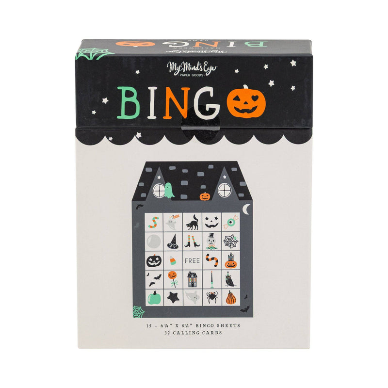 Halloween bingo game box showing a haunted house bingo sheet with ghost, pumpkin and spider squares