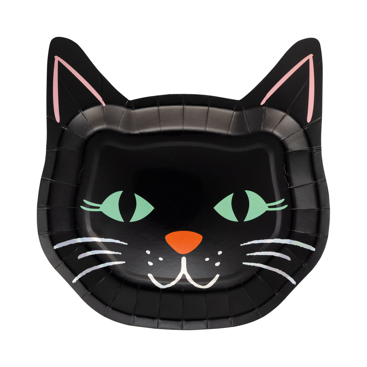 Black cat-shaped paper plate with green eyes, white whiskers, and an orange nose on a white background.