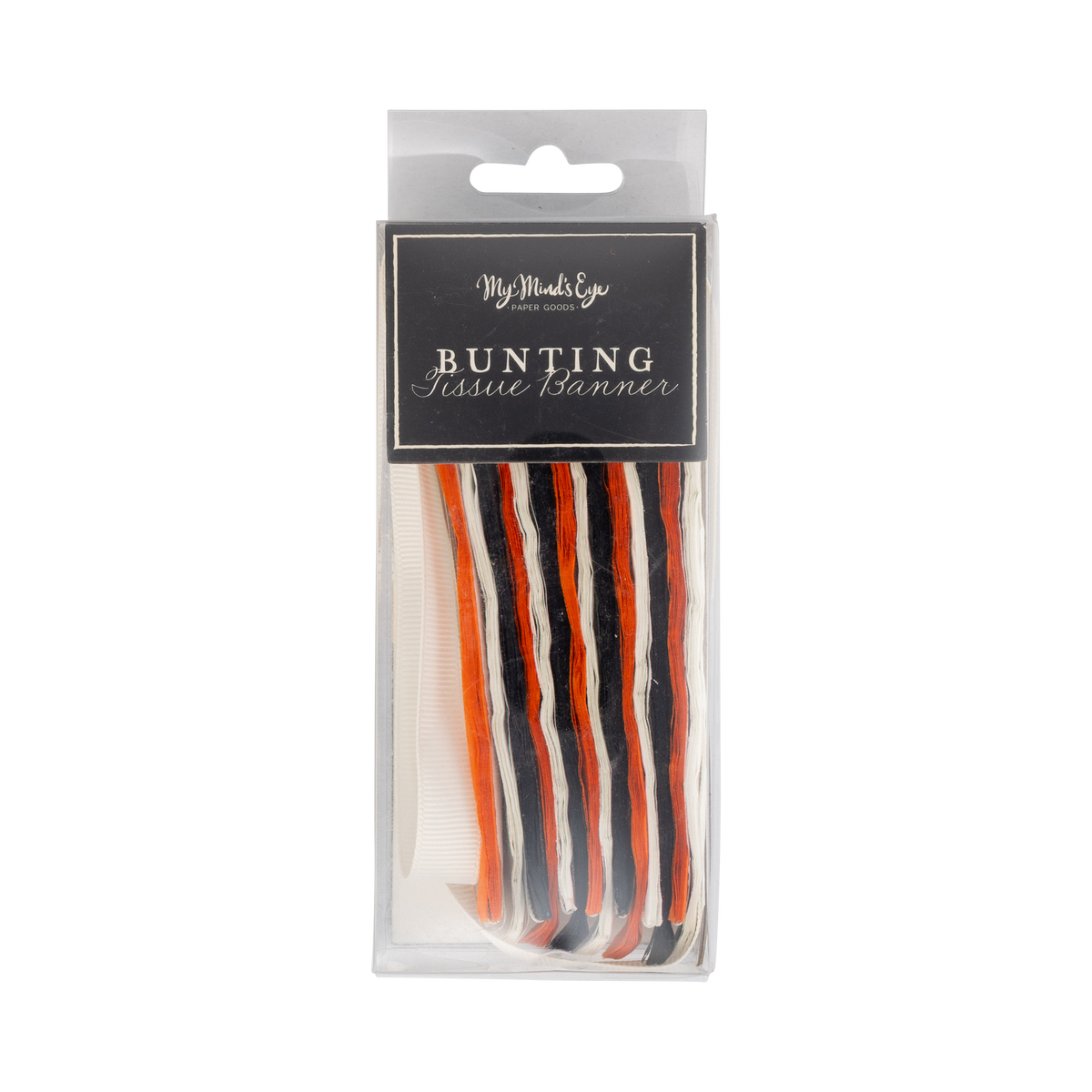 Packaged bunting tissue banner with red, white, and black colors on a transparent packaging.