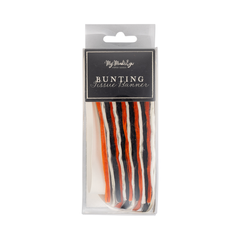 Packaged bunting tissue banner with red, white, and black colors on a transparent packaging.