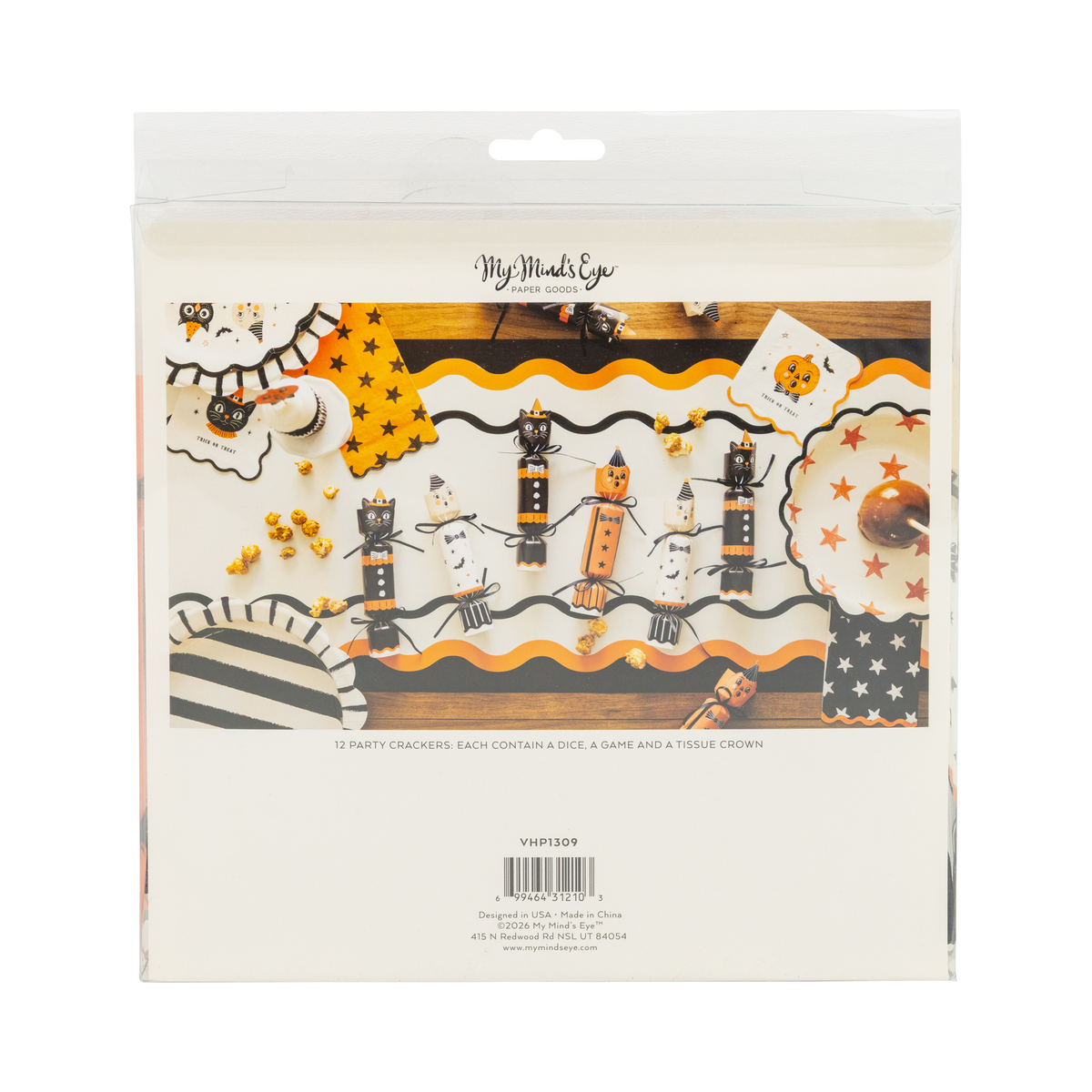 Halloween-themed party crackers packaging with decorative elements.