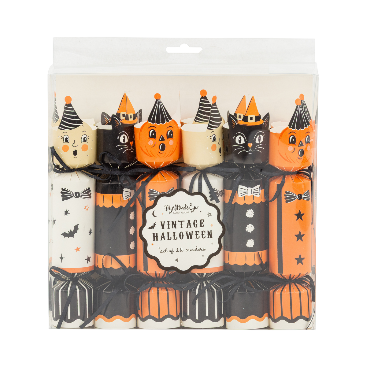 Packaged Halloween-themed crackers with black, orange, and white design on a clear front packaging.