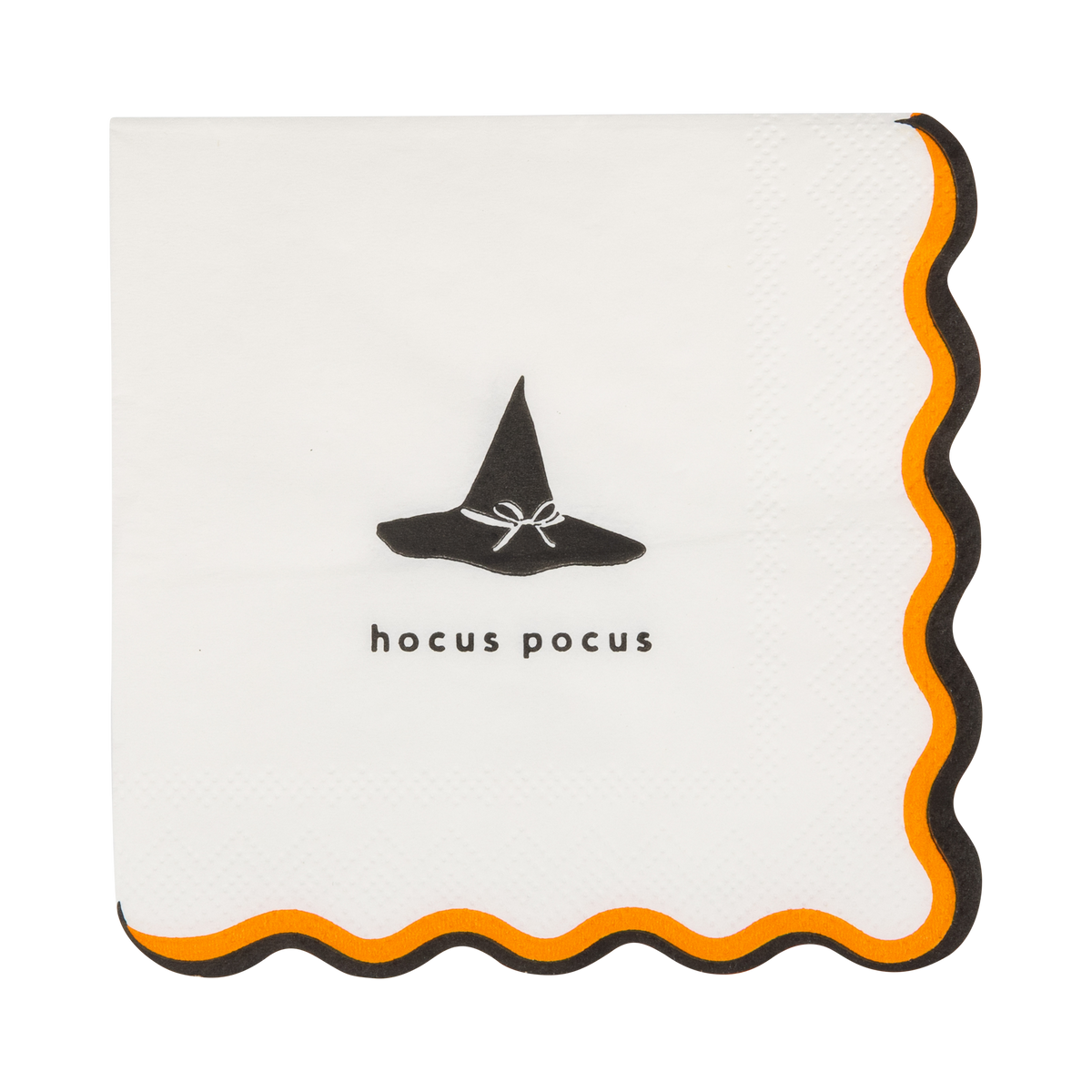 Halloween cocktail paper napkin with "Hocus Pocus" lettering, witch hat illustration, and black and orange wavy border.
