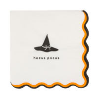 Halloween cocktail paper napkin with "Hocus Pocus" lettering, witch hat illustration, and black and orange wavy border.