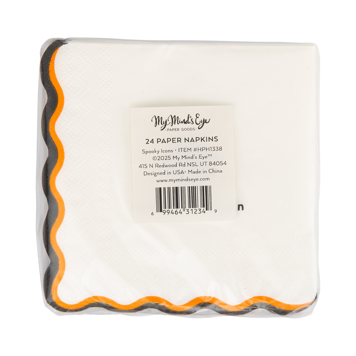 Halloween cocktail paper napkin set packaging with My Mind's Eye label, back view.