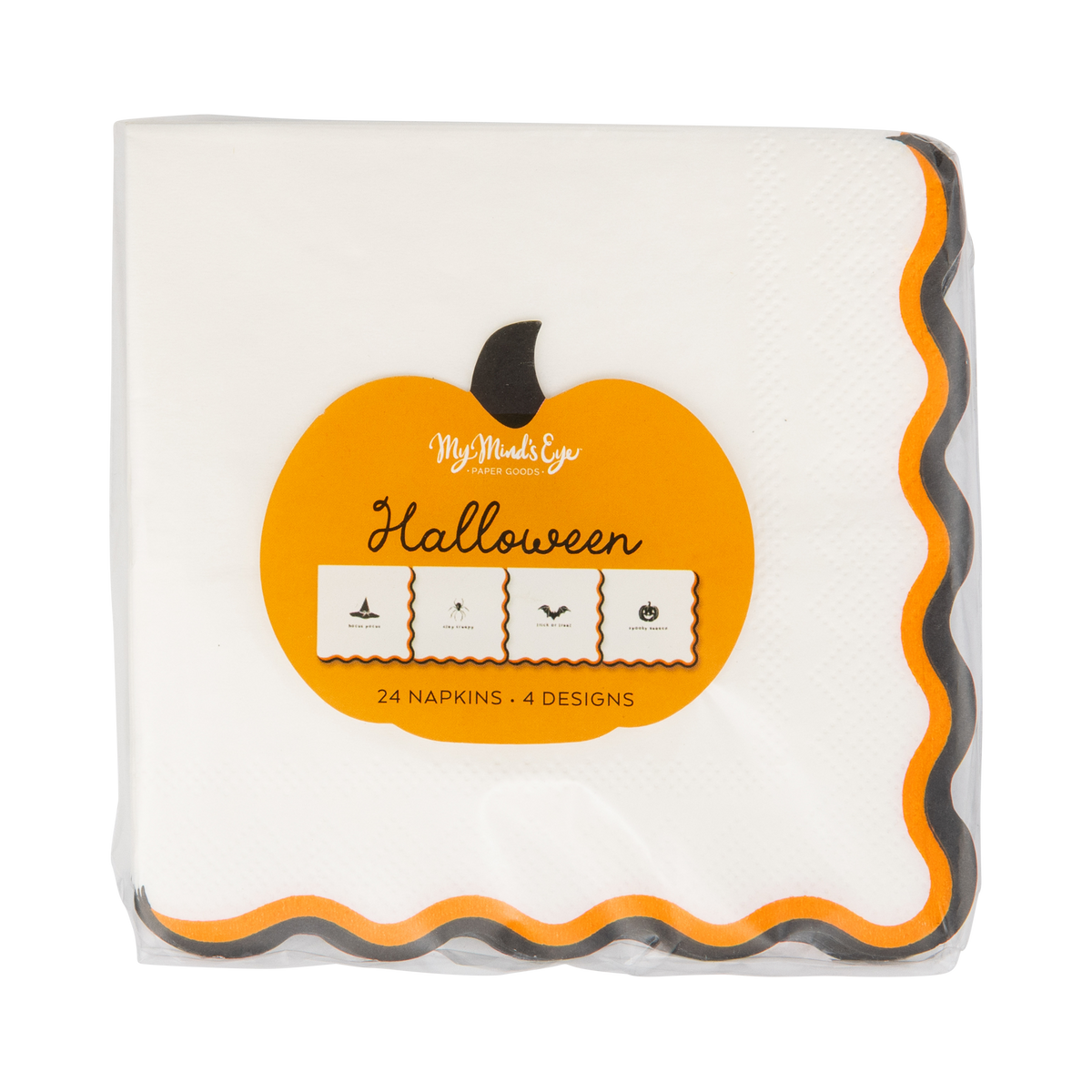 Packaging of the Halloween cocktail paper napkin set showing assorted Halloween sayings and pumpkin-shaped product label.