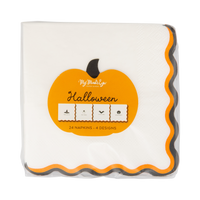 Packaging of the Halloween cocktail paper napkin set showing assorted Halloween sayings and pumpkin-shaped product label.