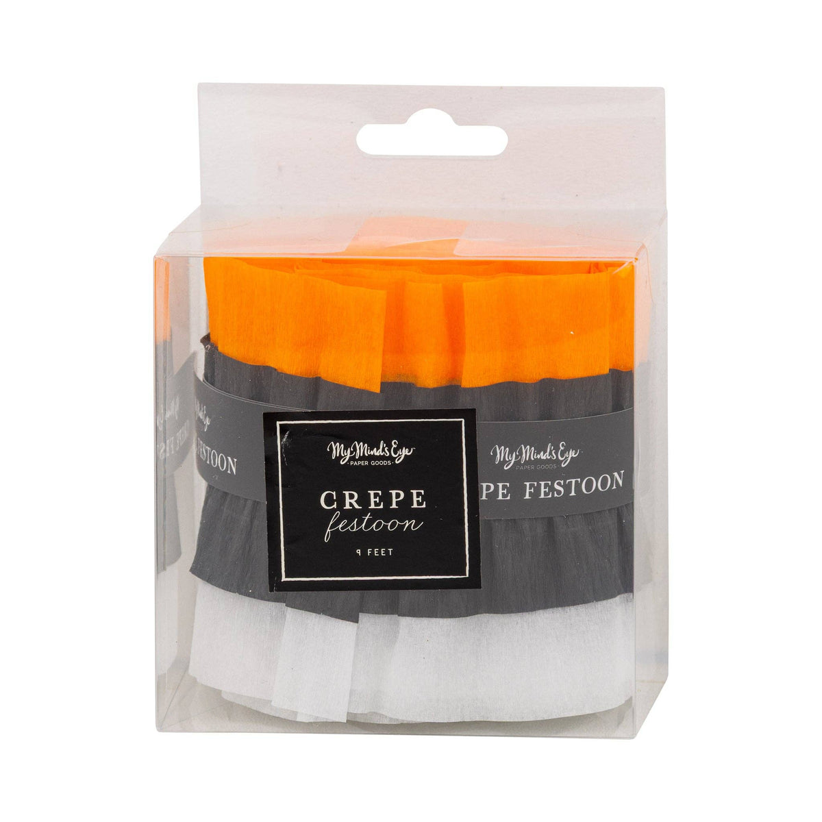 Halloween crepe festoon in packaging showing the orange, black and cream stitched layers