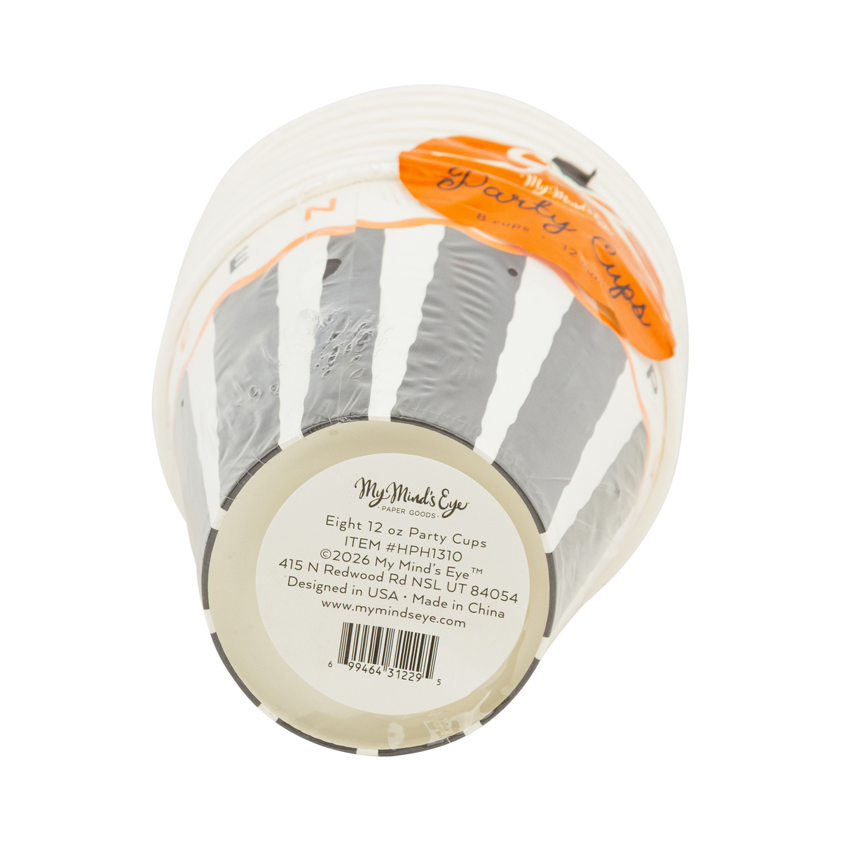 Packaging of My Mind's Eye party cups with an orange tag.
