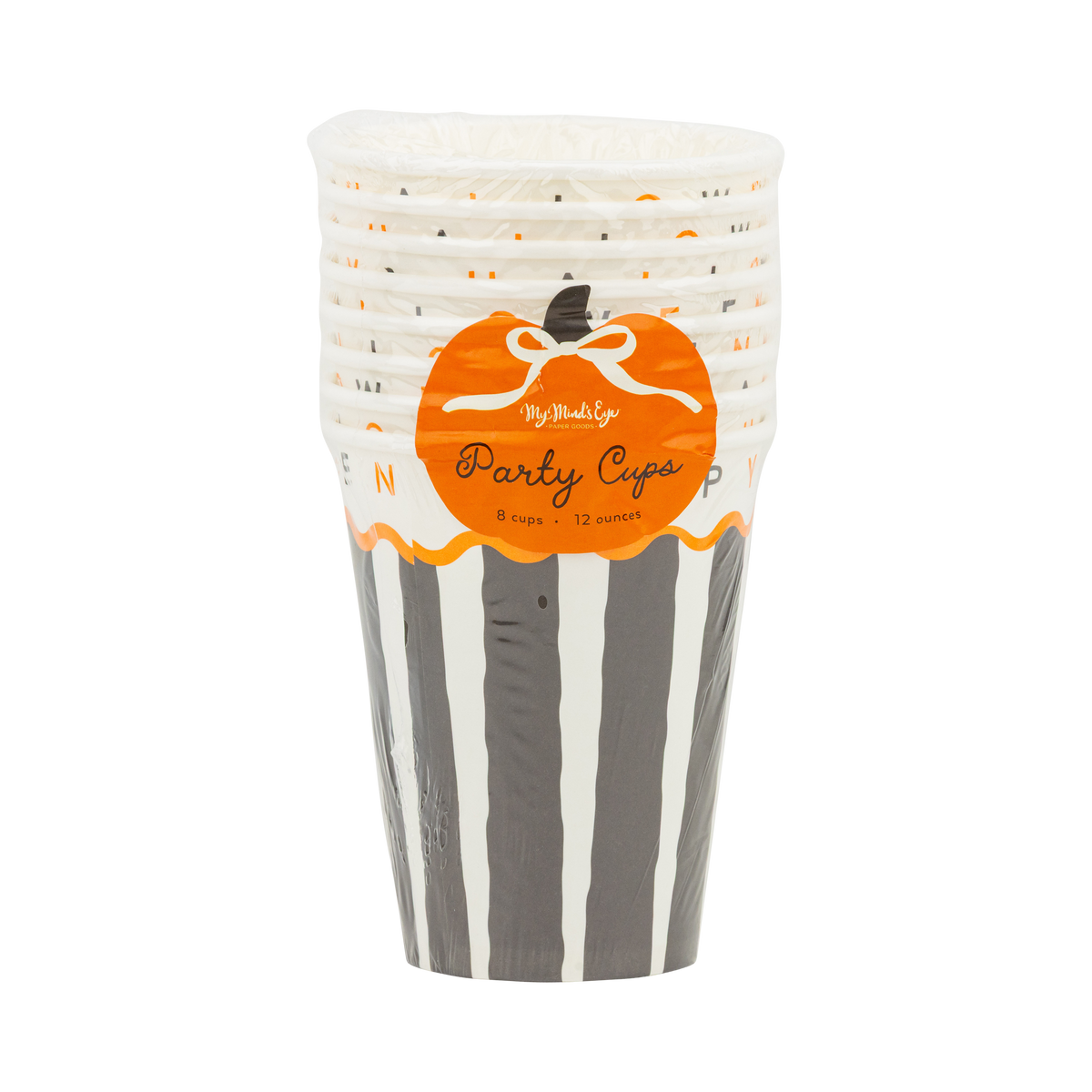 Stack of Halloween-themed paper cups with a pumpkin design