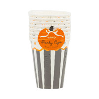 Stack of Halloween-themed paper cups with a pumpkin design