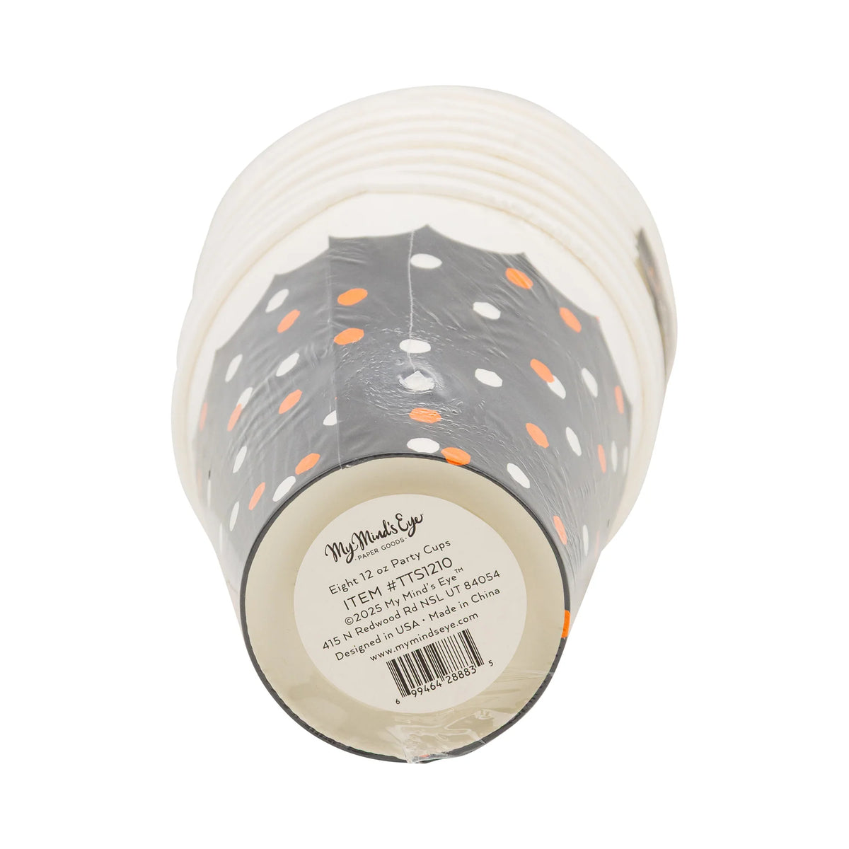 Bottom view of a shrink-wrapped stack of eight black paper Halloween cups with barcode label.