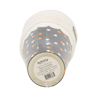 Bottom view of a shrink-wrapped stack of eight black paper Halloween cups with barcode label.
