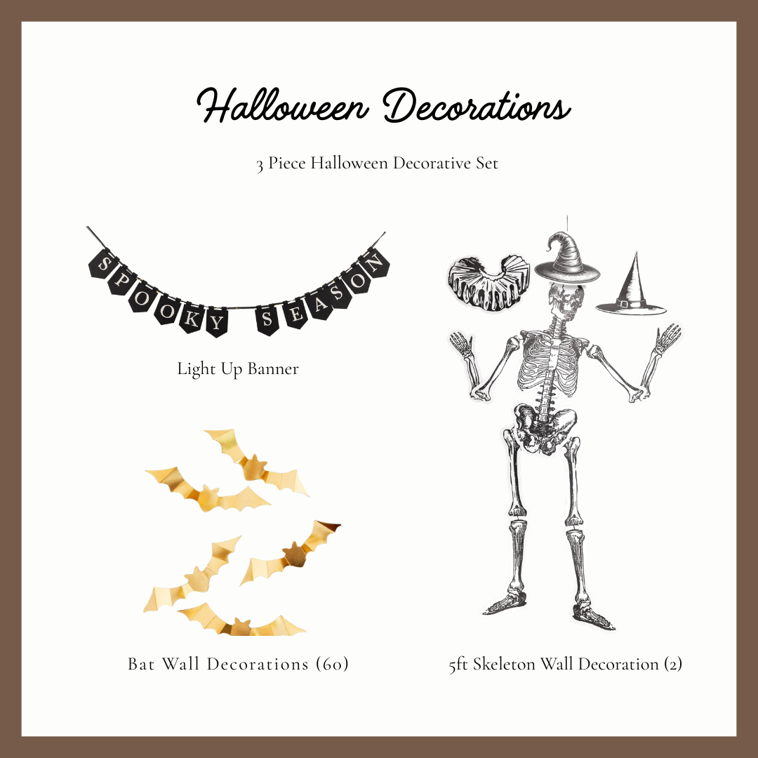 Halloween decorations kit contents, light up Spooky Season banner, 60 gold 3D wall bats and two 5 ft poseable skeleton wall decorations