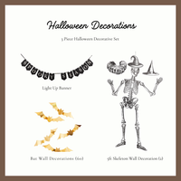Halloween decorations kit contents, light up Spooky Season banner, 60 gold 3D wall bats and two 5 ft poseable skeleton wall decorations
