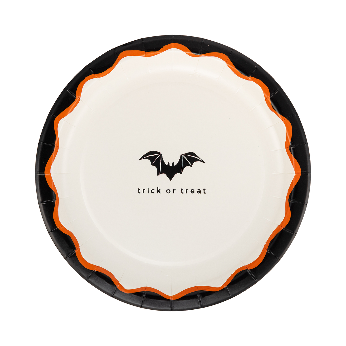 Cream Halloween dessert plate with a black bat icon and "trick or treat" text, black outer rim and orange scalloped inner edge, overhead view on gray background.