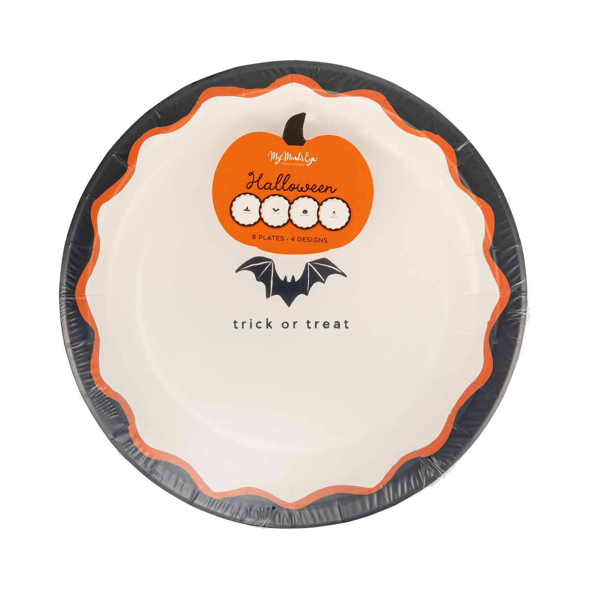 Stacked Halloween dessert plates showing the layered edges and a top plate with the bat "trick or treat" design, angled view.