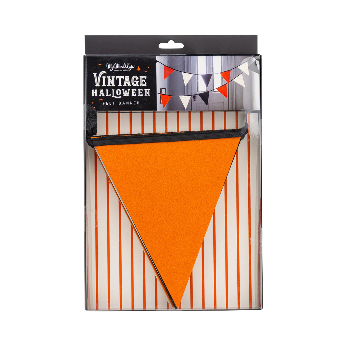 Front packaging of 6-ft vintage Halloween felt pennant banner with black, orange and cream triangles.
