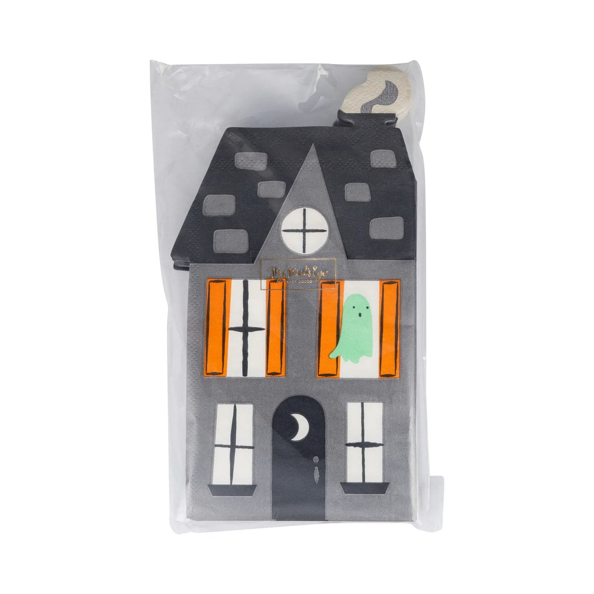 Front packaging of die-cut Haunted Mansion paper napkins with orange window shutters.