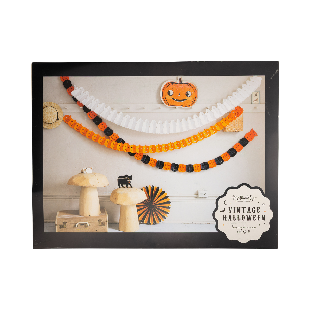 Halloween-themed decorative garland with pumpkins and black cats on a clear packaging.