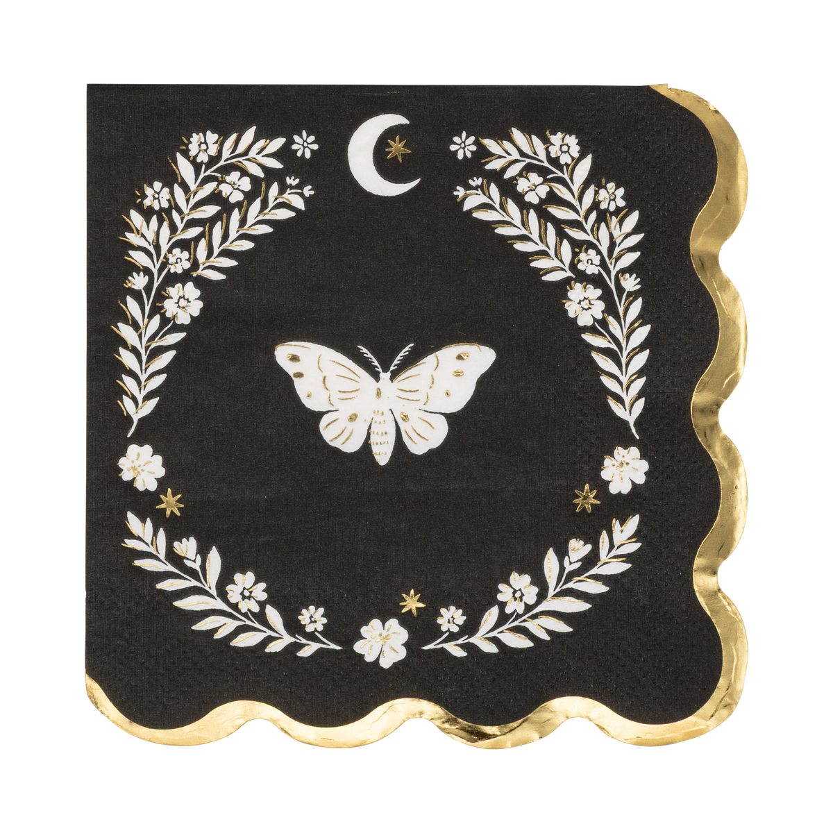 Black Halloween cocktail napkin with a cream moth illustration inside a cream laurel wreath frame and crescent moon, gold foil scalloped edge, overhead view on gray background.