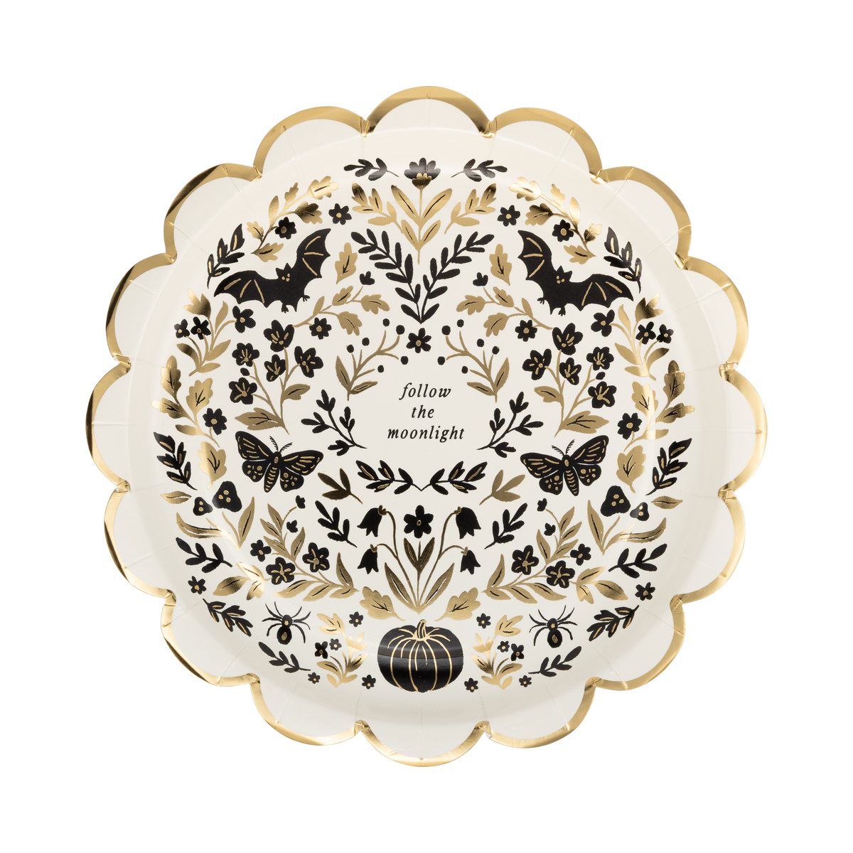 Cream Halloween dessert plate covered in a dense black folk-art pattern of moths, florals, crescent moons, pumpkins, and "follow the moonlight" text, with a gold foil scalloped edge, overhead view.