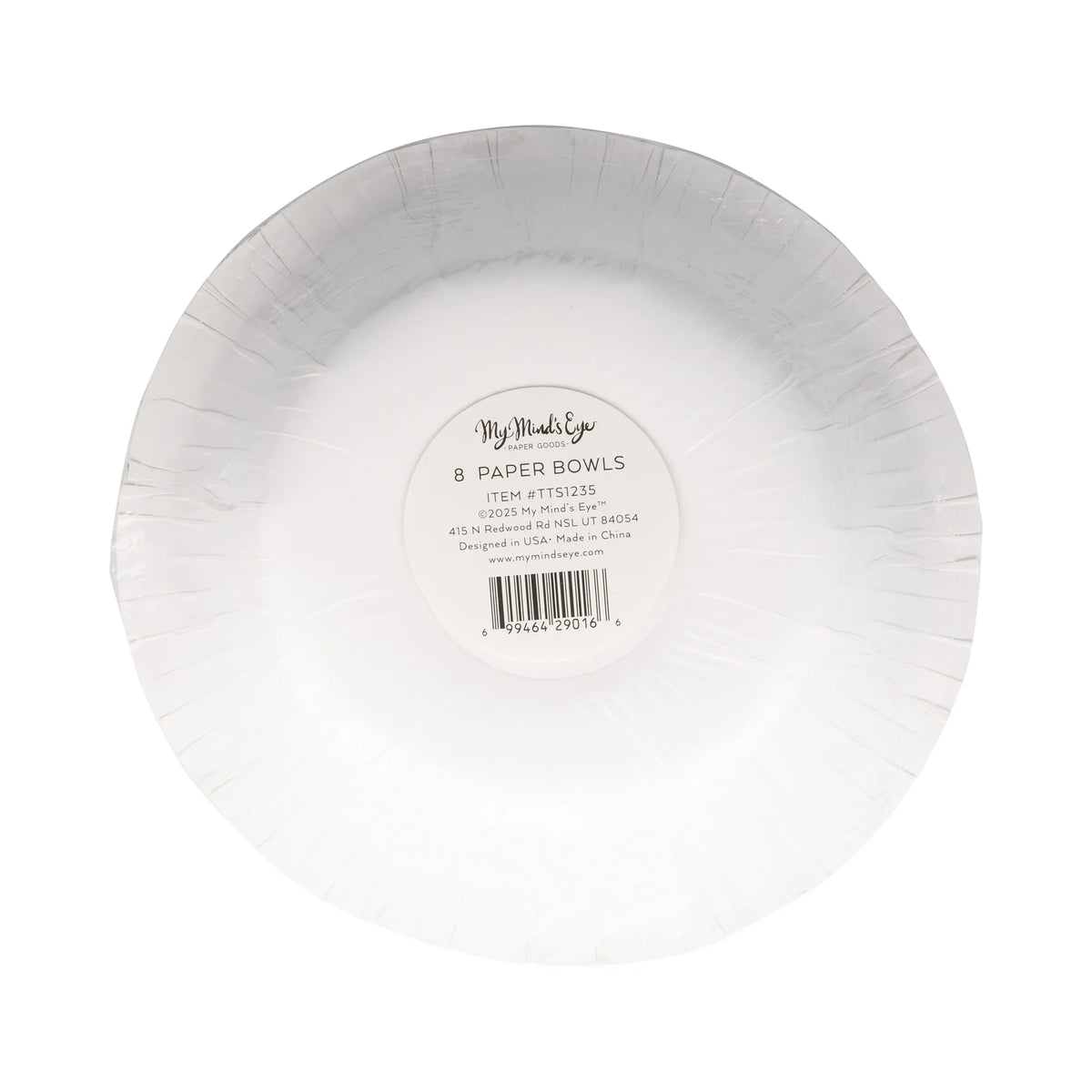 Stack of eight shrink-wrapped white paper bowls shown upside-down, product label visible on bottom.