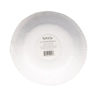 Stack of eight shrink-wrapped white paper bowls shown upside-down, product label visible on bottom.