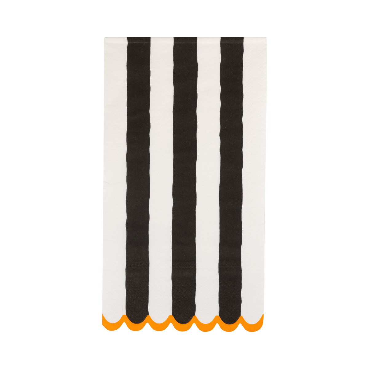 Striped towel with black & white vertical stripes and orange scalloped edge on a white background