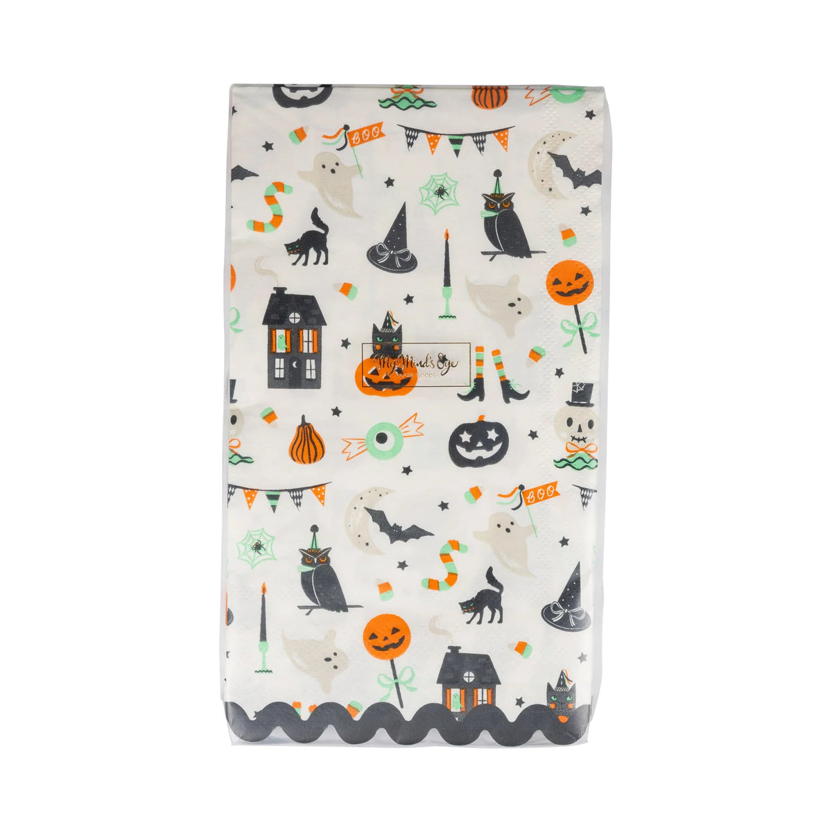 Front of Tricks & Treats Halloween paper napkins pack showing fun ghost and pumpkin pattern