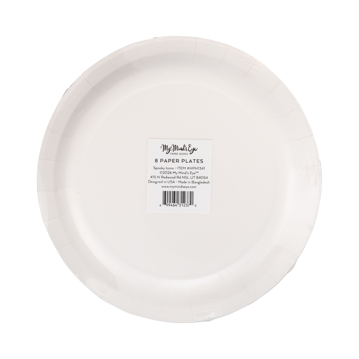 Back of the 8" paper plate showing the plain cream scalloped shape and "8 Paper Plates" packaging label.