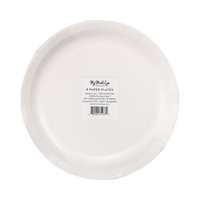 Back of the 8" paper plate showing the plain cream scalloped shape and "8 Paper Plates" packaging label.
