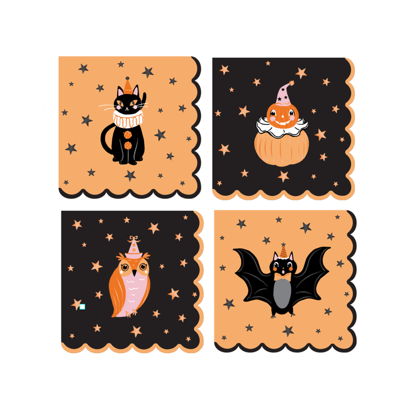 Four Halloween party animal napkins with a black cat, pumpkin, owl and bat in party hats on orange and black scalloped grounds