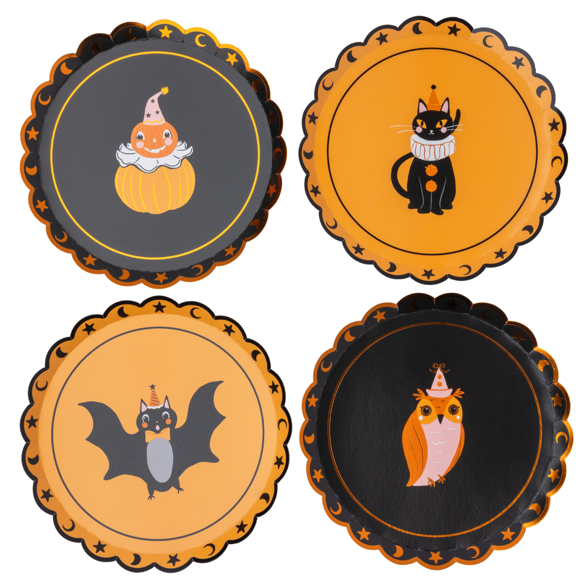 Four Halloween party animal paper plates with a pumpkin, black cat, bat and owl in party hats on scalloped foil star edges