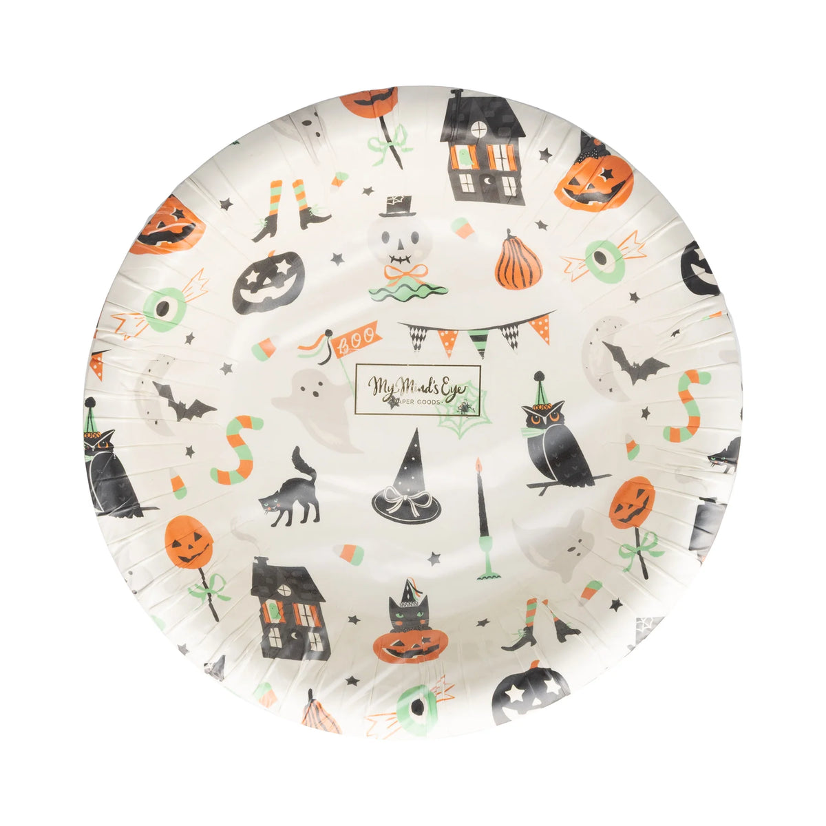 Halloween-themed paper bowl with various designs on a white background
