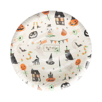 Halloween-themed paper bowl with various designs on a white background